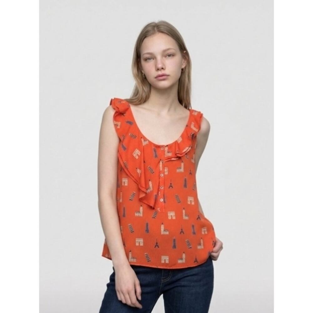 NWOT Maeve for Anthropologie Aurelie Landmark Print Ruffle Hi-Low Top. Size 10.